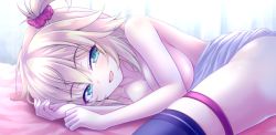 Rule 34 | 1girl, akai haato, aqua eyes, blonde hair, breasts, curtains, flo (guilty hearts), hair ornament, half-closed eyes, heart, heart hair ornament, hololive, large breasts, legband, lying, on side, one side up, open mouth, raised eyebrows, smile, solo, thighhighs, virtual youtuber
