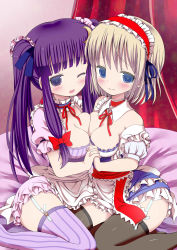 Rule 34 | 2girls, absurdres, alice margatroid, alternate costume, alternate hairstyle, apron, black legwear, blonde hair, blue dress, blue eyes, blue ribbon, blush, breast press, breasts, crescent, crescent hair ornament, detached sleeves, dress, enmaided, garter straps, givuchoko, hair ornament, hairband, holding hands, highres, long hair, looking at viewer, maid, maid apron, multiple girls, off shoulder, one eye closed, patchouli knowledge, puffy short sleeves, puffy sleeves, purple dress, purple eyes, purple hair, purple legwear, red ribbon, ribbon, short dress, short hair, short sleeves, symmetrical docking, team shanghai alice, tears, thighhighs, touhou, twintails, very long hair, wavy mouth