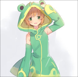 Rule 34 | 1girl, :d, animal hood, antenna hair, arm up, blush, brown hair, cardcaptor sakura, detached sleeves, frog hood, frog raincoat, green eyes, grey background, hair ornament, hairclip, hakusai (tiahszld), head tilt, hood, hood up, kinomoto sakura, long sleeves, looking at viewer, open mouth, raincoat, simple background, sleeveless, sleeves past wrists, smile, solo