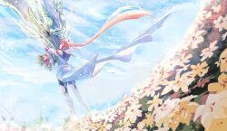 Rule 34 | 1girl, absurdres, blue sky, bouquet, cape, closed eyes, closed mouth, commentary request, dragon, floating hair, flower, full body, highres, holding, holding bouquet, jacket, koyomania, light particles, long hair, long sleeves, meadow, nogi wakaba wa yuusha de aru, off shoulder, orange hair, outdoors, pink flower, ponytail, sky, smile, solo, standing, takashima yuuna, very long hair, waist cape, white cape, white jacket, yellow flower, yuusha de aru