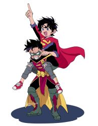 Rule 34 | 2boys, animification, artist name, batman (series), black hair, blue eyes, boots, cape, carrying, carrying person, child, clenched teeth, damian wayne, dc comics, domino mask, fingernails, green footwear, hand on another&#039;s shoulder, highres, hokkemaruyaki, index finger raised, jonathan kent, male focus, mask, multiple boys, open mouth, red cape, red footwear, robin (dc), shoes, short hair, smile, sneakers, super sons, superboy, superman (series), teeth, white background, yellow cape