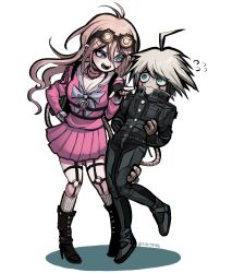 Rule 34 | 1boy, 1girl, absurdres, ahoge, android, armor, barbed wire, black choker, blonde hair, blue eyes, blush, boots, breasts, choker, cleavage, danganronpa (series), danganronpa v3: killing harmony, fingerless gloves, gloves, goggles, goggles on head, highres, iruma miu, k1-b0, kkadeug (kgkg9388), large breasts, long hair, open mouth, pointing, pointing at another, power armor, robot, school uniform, serafuku, silver hair, simple background, smile, white background
