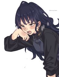 Rule 34 | 1girl, black hair, commentary request, curly hair, earrings, exhausted, eyelashes, hand on own face, highres, jacket, jewelry, kashimoto riko, long hair, mitsurugi sugar, sweat, sweatdrop, track jacket, track suit, umamusume, white background, yellow eyes