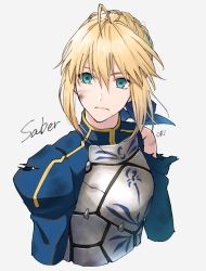 Rule 34 | 1girl, ahoge, armor, artoria pendragon (fate), blood, blood on face, blue ribbon, character name, closed mouth, fate/stay night, fate (series), green eyes, grey background, hair between eyes, hair ribbon, looking away, orii (orii i), ribbon, saber (fate), short hair, simple background, solo, torn clothes, upper body
