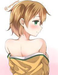 Rule 34 | 10s, 1girl, bare shoulders, blush, brown hair, from behind, green eyes, hiryuu (kancolle), kantai collection, ren san, short hair, side ponytail, smile, solo, twitter username, undressing