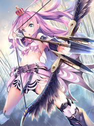 Rule 34 | 1girl, alternate costume, arrow (projectile), belt, bow (weapon), bra, buruma, crown, fantasy, heterochromia, highres, himemori luna, holding, holding bow (weapon), holding weapon, hololive, long hair, mogmog, open mouth, pink bra, pink hair, short shorts, shorts, solo, underwear, v-shaped eyebrows, virtual youtuber, weapon