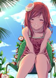 Rule 34 | 10s, 1girl, bare shoulders, chair, clothes writing, cloud, day, dress, english text, flower, gem, hair flower, hair ornament, highres, jewelry, long hair, love live!, love live! school idol project, necklace, nishikino maki, nishiuri warito, parted lips, pearl (gemstone), purple eyes, red hair, sitting, sky, smile, solo, sunlight, tree, v arms