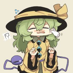 Rule 34 | !?, black footwear, boots, buttons, closed eyes, diamond (shape), diamond button, disembodied hand, green hair, green skirt, hand on another&#039;s cheek, hand on another&#039;s face, hat, heart, highres, komeiji koishi, long hair, long sleeves, shirt, simple background, skirt, sleeves past wrists, tears, third eye, touhou, wide face, yellow shirt, zunusama