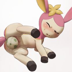 Rule 34 | 1girl, animal ears, blush, closed eyes, creatures (company), deerling, egg, egg laying, female focus, game freak, gen 5 pokemon, highres, leg lift, lying, nintendo, no humans, on side, open mouth, pokemon, pokemon (creature), pussy, pussy juice, simple background, solo, spread legs, sweat, tail, uncensored, white background, youjo modoki