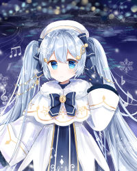 Rule 34 | 1girl, absurdres, akikiri2, bad id, bad pixiv id, beret, blue bow, blue eyes, blue gloves, blue hair, blue tabard, blush, bow, braid, capelet, closed mouth, dress, fortissimo, fur-trimmed capelet, fur trim, gloves, hair between eyes, hair bow, hair ornament, hair ribbon, hairclip, hand up, hat, hatsune miku, highres, long hair, long sleeves, looking at viewer, musical note, musical note hair ornament, ribbon, smile, snowflakes, solo, tabard, treble clef, twintails, upper body, very long hair, vocaloid, white capelet, white dress, white hat, wide sleeves, yuki miku, yuki miku (2021)
