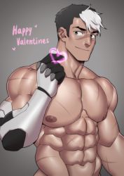 Rule 34 | 1boy, abs, absurdres, bara, black hair, closed mouth, finger heart, happy valentine, heart, highres, large pectorals, male focus, mechanical arms, multicolored hair, muscular, muscular male, navel, nipples, pectorals, prosthesis, prosthetic arm, scar, scar on arm, scar on chest, scar on face, scar on nose, short hair, sideburns, single mechanical arm, smile, solo, suyohara, takashi shirogane, two-tone hair, upper body, voltron: legendary defender, voltron (series), white hair