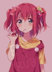 Rule 34 | 1girl, blush, bow, candy, candy hair ornament, character name, food, food-themed hair ornament, frown, fujiya, green eyes, hair bow, hair ornament, hand up, hazuki (sutasuta), highres, kurosawa ruby, lollipop, love live!, love live! school idol festival, love live! sunshine!!, mouth hold, overalls, peko-chan, pink bow, red overalls, shirt, short hair, short sleeves, simple background, solo, strap pull, two side up, upper body, v-shaped eyebrows, yellow shirt