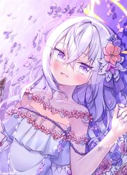 Rule 34 | 1girl, absurdres, azusa (blue archive), blue archive, blush, flat chest, flower, hair between eyes, hair flower, hair ornament, halo, highres, lanubis, long hair, lying, lying on water, on back, open mouth, petals, petals on liquid, pink eyes, pink flower, purple flower, signature, smile, solo, upper body, water, white hair, yellow halo