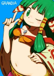 Rule 34 | 1girl, beeru (veil8801), breasts, closed mouth, feena (grandia), grandia, grandia i, green eyes, green hair, hair ornament, hair tubes, highres, jewelry, long hair, looking at viewer, medium breasts, midriff, navel, necklace, one eye closed, simple background, small breasts, smile, solo, wide sleeves