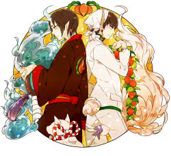 Rule 34 | 2boys, back-to-back, black eyes, black hair, black kimono, black sleeves, border, bow, closed mouth, collar, collared jacket, cropped legs, dangle earrings, earrings, eyelashes, fingernails, flower earrings, formal, from side, frown, hakutaku (hoozuki no reitetsu), hat, head scarf, high collar, holding, hoozuki (hoozuki no reitetsu), hoozuki no reitetsu, horns, jacket, japanese clothes, jewelry, kimono, long sleeves, male focus, multiple boys, pants, pocket, pointy ears, rabbit, red collar, red sash, round border, sash, short hair, shukao, small horns, smile, suit, tassel, waist sash, white background, white bow, white eyeshadow, white hat, white horns, white jacket, white pants, white sleeves, white suit, white tail, wide sleeves, wolf, yellow horns