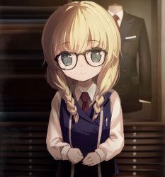 Rule 34 | 1girl, black-framed eyewear, black jacket, blonde hair, blue vest, blurry, blurry background, braid, breasts, closed mouth, collared shirt, commentary request, depth of field, formal, glasses, grey eyes, hair over shoulder, highres, jacket, long hair, long sleeves, looking at viewer, necktie, original, pinstripe pattern, pinstripe vest, red necktie, shirt, small breasts, smile, solo, striped clothes, striped vest, suit, taharu kousuke, twin braids, vertical-striped clothes, vertical-striped vest, vest, white shirt