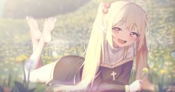 Rule 34 | 1girl, absurdres, ahoge, barefoot, black dress, blonde hair, blurry, blurry background, blush, commission, cross, cross necklace, day, dress, feet, field, flower, flower field, hair bobbles, hair ornament, highres, holding, hoplitx, jewelry, legs, long hair, long sleeves, looking at viewer, lying, mixed-language commentary, necklace, nun, on back, on stomach, open mouth, original, outdoors, pixiv commission, pointy ears, red eyes, sidelocks, solo, white flower