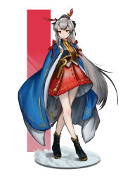 Rule 34 | 1girl, absurdres, arknights, bare legs, black footwear, blue cape, boots, cape, crossed legs, dress, full body, highres, long hair, looking at viewer, official alternate costume, red dress, red eyes, short dress, silver hair, simple background, solo, standing, vc.neko, very long hair, watson cross, weedy (arknights), weedy (candy cape) (arknights), white background