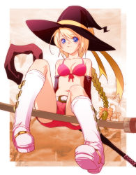 Rule 34 | 1girl, 47agdragon, bikini, bikini top only, blonde hair, blue eyes, boots, elbow gloves, flyff, front-tie top, gloves, hat, pink footwear, shorts, sidesaddle, solo, swimsuit, witch hat