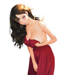 Rule 34 | 1girl, absurdres, bare arms, bare shoulders, blue eyes, blush, breast hold, breasts, brown hair, cleavage, closed mouth, collarbone, dress, earrings, highres, jewelry, large breasts, leaning forward, lips, lipstick, long hair, looking to the side, makeup, original, red dress, red lips, simple background, sleeveless, sleeveless dress, smile, solo, standing, wavy hair, white background, wonbin lee
