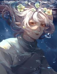 Rule 34 | 1girl, air bubble, brown eyes, brown lips, bubble, closed mouth, flower, highres, looking at viewer, medium hair, pointy ears, ruosensen, sky: children of the light, solo, swept bangs, underwater, white hair, yellow flower
