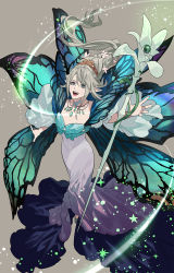 Rule 34 | 1other, :d, blue eyes, braid, braided ponytail, brown background, butterfly wings, byuub, dress, final fantasy, final fantasy xiv, floating hair, flower, from above, full body, gradient clothes, grey hair, hair flower, hair ornament, highres, insect wings, jewelry, long dress, long hair, looking up, multiple wings, necklace, open mouth, outstretched arms, pointy ears, ringed eyes, simple background, single braid, smile, solo, sparkle, tiara, titania (final fantasy), wand, wide sleeves, wings
