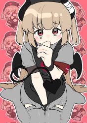 Rule 34 | 1girl, apron, arm between legs, armband, black apron, black hat, black wristband, blush, brown hair, chibi, chibi inset, comog, corrupted twitter file, covering own mouth, demon horns, demon tail, demon wings, dress, evil grin, evil smile, furrowed brow, grey dress, grey thighhighs, grin, hand to own mouth, hat, highres, horns, long hair, looking at viewer, multiple views, natori sana, nurse cap, outline, puffy short sleeves, puffy sleeves, raised eyebrows, recurring image, red armband, red background, red eyes, sana channel, short dress, short sleeves, sitting, smile, solid eyes, tail, tearing up, thighhighs, two side up, upturned eyes, v-shaped eyes, very long hair, virtual youtuber, wariza, white outline, wings