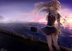 Rule 34 | 10s, 1girl, absurdres, artist name, black skirt, blonde hair, closed mouth, commentary, deck, evening, feathers, fingerless gloves, floating hair, gloves, hair flaps, hair ornament, hairclip, hand on own chest, hand up, highres, horizon, kantai collection, lens flare, long hair, looking to the side, neckerchief, nyum, ocean, pleated skirt, profile, red eyes, red neckerchief, scarf, school uniform, serafuku, signature, skirt, solo, standing, sunset, thighs, twitter username, white scarf, yuudachi (kancolle), yuudachi kai ni (kancolle)