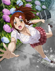 Rule 34 | 1girl, bachou mouki, bag, blue scrunchie, blush, breasts, brown eyes, brown footwear, brown hair, cleavage, collarbone, collared shirt, dress shirt, falling, floating hair, flower, from above, hair ornament, hair scrunchie, holding, holding bag, hydrangea, ikkitousen, large breasts, loafers, long hair, miniskirt, no bra, open mouth, outdoors, outstretched arm, outstretched hand, parted bangs, plaid, plaid skirt, pleated skirt, ponytail, rain, red skirt, school bag, school uniform, scrunchie, shirt, shoes, short sleeves, skirt, socks, solo, sweatdrop, wet, wet clothes, wet shirt, white shirt, white socks, wing collar