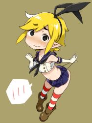 Rule 34 | 1boy, black hairband, black panties, blonde hair, blush, closed mouth, collagen, cosplay, crop top, crossdressing, elbow gloves, gloves, hairband, kantai collection, link, looking at viewer, male focus, microskirt, navel, nintendo, panties, pointy ears, sailor collar, shimakaze (kancolle), shimakaze (kancolle) (cosplay), simple background, skirt, solo, striped clothes, striped thighhighs, the legend of zelda, the legend of zelda: the wind waker, thighhighs, toon link, underwear, white gloves