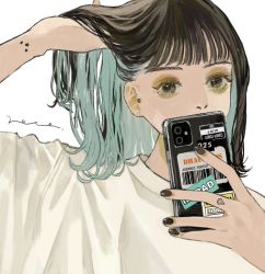 Rule 34 | 1girl, adjusting hair, aqua hair, barcode, black eyes, black hair, black nails, blunt bangs, cellphone, colored inner hair, commentary, commentary request, covered mouth, covering own mouth, darico, eyebrows, eyeshadow, fingernails, hand in own hair, hands up, highres, holding, holding phone, iphone 11, jewelry, looking at viewer, makeup, medium hair, multicolored hair, nail polish, nostrils, original, phone, piercing, shirt, signature, simple background, smartphone, solo, star (symbol), star tattoo, sticker, symbol-only commentary, tattoo, two-tone hair, upper body, white background, white shirt, yellow eyeshadow