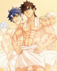 Rule 34 | 4boys, abs, absurdres, alternate hairstyle, bags under eyes, bara, black hair, blue eyes, brown hair, earrings, fate/grand order, fate (series), fujimaru ritsuka (male), grey hair, grin, hair between eyes, hair over one eye, hand on another&#039;s shoulder, hand on own hip, hands on own hips, highres, japanese clothes, jewelry, kadoc zemlupus, kimono, looking at another, male focus, miyamoto iori (fate), multiple boys, naked towel, nipples, one eye closed, open mouth, ptolemy (fate), sauna, short hair, smile, steam, towel, towel around neck, towel around waist, wet, white towel, yaekaidou, yellow eyes