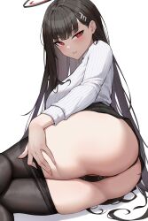 Rule 34 | 1girl, absurdres, ass, ass focus, black hair, blue archive, blunt bangs, blush, breasts, bright pupils, hair ornament, hairclip, halo, highres, huge ass, large breasts, long hair, long sleeves, looking at viewer, panties, pantyhose, parted bangs, parted lips, partially visible vulva, presenting, red eyes, rio (blue archive), solo, sweater, thick thighs, thighs, turtleneck, turtleneck sweater, underwear, very long hair, white sweater, yukiaka
