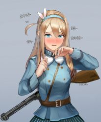 Rule 34 | 1girl, belt, blonde hair, blue eyes, blue hairband, blue jacket, blue skirt, blush, brown belt, copyright request, grey background, gun, hairband, hands up, jacket, jewelry, korean commentary, long hair, long sleeves, looking at viewer, monaim, one side up, parted lips, rifle, ring, simple background, skirt, solo, tears, upper body, weapon, weapon on back