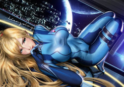 Rule 34 | 1girl, blonde hair, blue bodysuit, blue eyes, bodysuit, breasts, green eyes, impossible bodysuit, impossible clothes, knees up, large breasts, legs together, liang xing, looking at viewer, lying, metroid, metroid: zero mission, nintendo, on back, planet, samus aran, skin tight, solo, space, window, zero suit