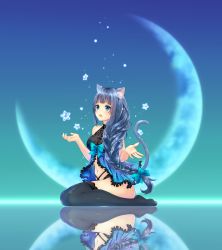 Rule 34 | 1girl, aimori meguru, animal ears, aqua bow, babydoll, bad id, bad pixiv id, bare shoulders, black panties, black thighhighs, blue eyes, blue hair, blue ribbon, blush, bow, braid, cat ears, cat girl, cat tail, crescent moon, eyebrows, frills, gradient background, gradient clothes, hair bow, halterneck, hands up, lace, lace-trimmed legwear, lace trim, long hair, looking up, matching hair/eyes, moon, navel, open mouth, original, outstretched hand, panties, reflection, reflective floor, ribbon, see-through, side braid, single braid, sitting, solo, star (symbol), tail, tareme, thighhighs, underwear, wariza