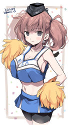 Rule 34 | 1girl, alternate costume, armpits, artist name, atlanta (kancolle), black hat, breasts, brown hair, cheerleader, clothes writing, cowboy shot, crop top, dated, earrings, garrison cap, grey eyes, hat, holding, holding pom poms, jewelry, kantai collection, large breasts, long hair, midriff, miniskirt, navel, odawara hakone, pleated skirt, pom pom (cheerleading), pom poms, shirt, single earring, skirt, sleeveless, sleeveless shirt, solo, star (symbol), star earrings, two side up