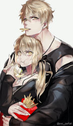 Rule 34 | 1boy, 1girl, alternate costume, arthur pendragon (fate), arthur pendragon alter (fate), artoria pendragon (all), artoria pendragon (fate), black jacket, blonde hair, burger, chewing, chips (food), collarbone, couple, dark persona, earrings, eating, fate/grand order, fate/stay night, fate (series), food, food on face, french fries, hair between eyes, hetero, highres, holding, holding food, hug, hug from behind, jacket, jewelry, long sleeves, looking at viewer, necklace, official alternate costume, open mouth, potato chips, pvc parfait, saber alter, saber alter (ver. shinjuku 1999) (fate), sleeveless, twitter username, undressing, upper body, yellow eyes