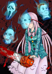 Rule 34 | 1girl, billy the puppet, blank eyes, blood, bloody weapon, blue fire, bow, bowtie, chainsaw, circle, cosplay, cowboy shot, cross, empty eyes, expressionless, fire, floating, friday the 13th, ghostface, green jacket, halloween, halloween (movie), hata no kokoro, highres, holding, holding weapon, hollow eyes, jacket, jason voorhees, jason voorhees (cosplay), kijiwu, long hair, long sleeves, looking at viewer, mask, michael myers, no pupils, parody, pink bow, pink bowtie, pink eyes, pink hair, pink skirt, plaid, plaid jacket, plaid shirt, saw, saw (movie), scream (movie), screaming, shirt, skirt, star (symbol), touhou, triangle, weapon