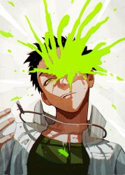 Rule 34 | 1boy, black hair, blood, blood spray, green blood, green eyes, hebiske, highres, jewelry, looking at viewer, male focus, necklace, original, parted lips, short hair, stylized blood, upper body