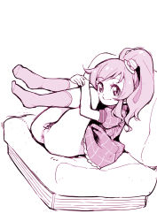 Rule 34 | 1girl, anus, ass, censored, cleft of venus, clothes pull, couch, dress, dress pull, female pubic hair, from side, hat, high ponytail, highres, idol, kiratto pri chan, hugging own legs, legs together, legs up, long hair, looking at viewer, lying, mini hat, momoyama mirai, monochrome, no panties, on couch, plaid, plaid dress, pretty series, pubic hair, puffy short sleeves, puffy sleeves, pussy, short sleeves, sidelocks, simple background, smile, socks, solo, ukokkei, white background