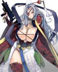 Rule 34 | 1girl, blue eyes, breasts, cleavage, eyepatch, gun, highres, holding, holding gun, holding weapon, jewelry, kouno (masao), large breasts, long hair, looking at viewer, mac-10/11, necklace, nipples, original, red thighhighs, silver hair, simple background, smile, solo, submachine gun, thighhighs, weapon, white background