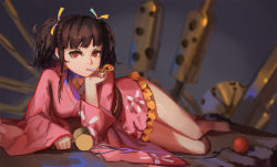 Rule 34 | 10s, 1girl, barefoot, black hair, blue ribbon, blurry, choker, depth of field, floral print, frills, full body, hair ribbon, head rest, holding, japanese clothes, kendama, kimono, koutetsujou no kabaneri, long sleeves, looking at viewer, lying, mouth hold, mumei (kabaneri), obi, on side, orb, red eyes, ribbon, ribbon choker, sash, shoes, unworn shoes, short kimono, sk tori, solo, steampunk, string, striped, twintails, wide sleeves