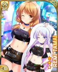 Rule 34 | 2girls, bare shoulders, belt, black legwear, black shirt, black shorts, blue eyes, boots, brown eyes, brown footwear, brown gloves, brown hair, card (medium), cardboard stand, closed mouth, day, game show, girlfriend (kari), gloves, indoors, looking at viewer, low twintails, multiple girls, official art, one eye closed, pink hair, qp:flapper, shirt, shorts, smile, standing, tagme, tamai remi, thighhighs, twintails, wink