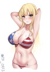 Rule 34 | 1girl, american flag, american flag bikini, american flag print, bikini, blonde hair, breasts, cowboy shot, double bun, flag print, fletcher (kancolle), hair bun, highres, kantai collection, large breasts, long hair, looking at viewer, one-hour drawing challenge, purple eyes, solo, standing, swimsuit, tf cafe, twitter username, united states, white background