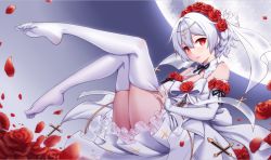 Rule 34 | 1girl, bare shoulders, bridal veil, daidailong, dress, elbow gloves, flower, full body, full moon, gloves, hair between eyes, hair flower, hair ornament, honkai (series), honkai impact 3rd, looking at viewer, moon, no shoes, petals, red eyes, red flower, rose, soles, solo, theresa apocalypse, theresa apocalypse (luna kindred), thighhighs, toes, veil, wedding dress, white dress, white gloves, white hair, white thighhighs