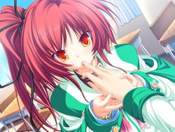 Rule 34 | 1girl, classroom, female focus, finger sucking, finger to mouth, game cg, highres, indoors, magus tale, male hand, red eyes, red hair, school, seera finis victoria, solo, solo focus, tenmaso