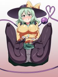 Rule 34 | 1girl, :q, black pantyhose, blush, bow, breasts, eyeball, feet, female focus, frills, green eyes, green hair, hat, hat bow, hat ribbon, heart, heart-shaped pupils, heart of string, knees up, komeiji koishi, large breasts, looking at viewer, matching hair/eyes, panties, panties under pantyhose, pantyhose, ribbon, shinori, skirt, smile, solo, spread legs, symbol-shaped pupils, third eye, tongue, tongue out, touhou, underwear