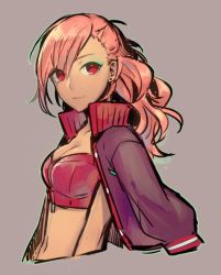 Rule 34 | 1girl, breasts, cleavage, earrings, eyeshadow, highres, jacket, jacket on shoulders, jewelry, long hair, looking at viewer, makeup, open clothes, open jacket, pink hair, red eyes, ruby (vocaloid), seica, simple background, solo, tan, track jacket, vocaloid, zipper