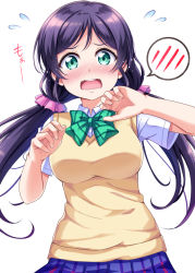 Rule 34 | 10s, 1girl, blush, embarrassed, green eyes, harunabe (refresh star), long hair, looking at viewer, love live!, love live! school idol project, open mouth, purple hair, school uniform, short sleeves, simple background, solo, speech bubble, spoken blush, tojo nozomi, twintails, white background